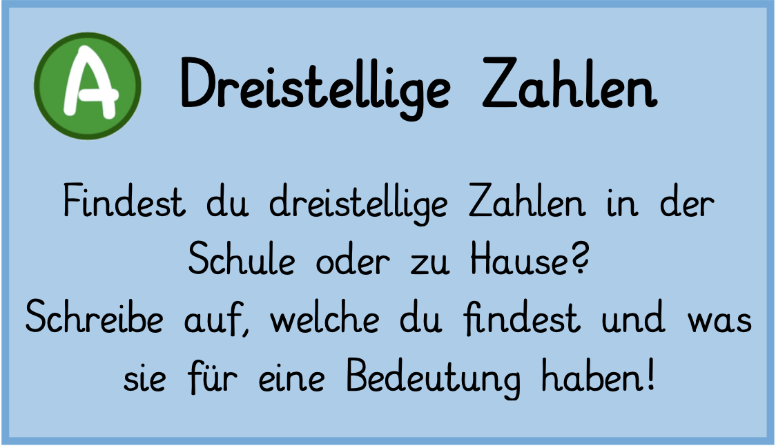 AUFGABE: Findest du dreistellige Zahlen in der Schule und zu Hause? Schreibe auf, welche du findest und was sie für eine Bedeutung haben!