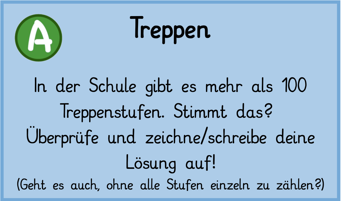 AUFGABE: In der Schule gibt es mehr als 100 Treppenstufen. Stimmt das? Überprüfe und zeichne/schreibe deine Lösung auf! (Geht es auch, ohne alle Stufen einzeln zu zählen?)