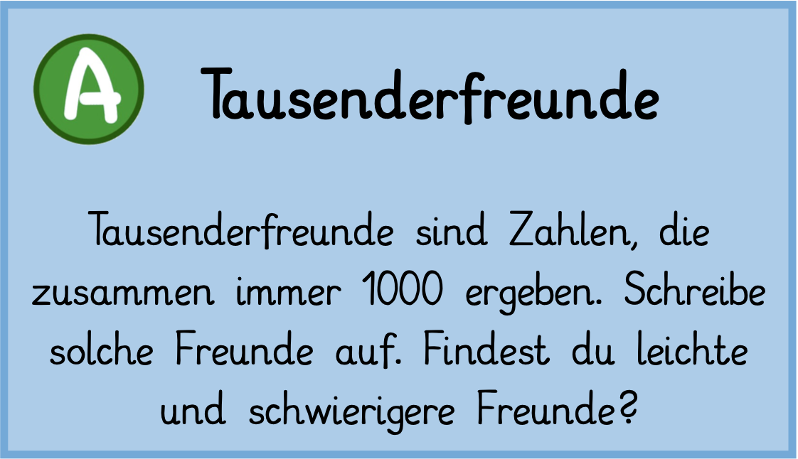 AUFGABE: Tausenderfreunde sind Zahlen, die zusammen 1000 ergeben. Schreibe solche Freunde auf. Findest du leichte und schwierige Freunde?