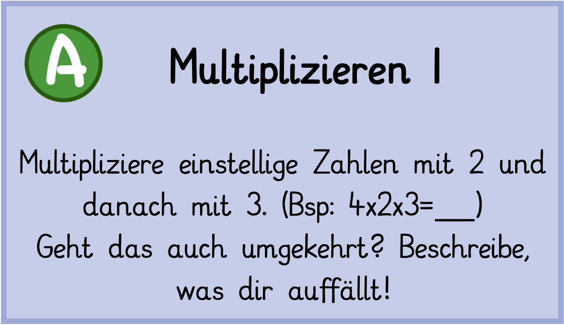 Multipliziere einstellige Zahlen mit 2 und danach mit 3. (Bsp.: 4 mal 2 mal 3 = __) Geht das auch umgekehrt? Beschreibe, was die auffällt!