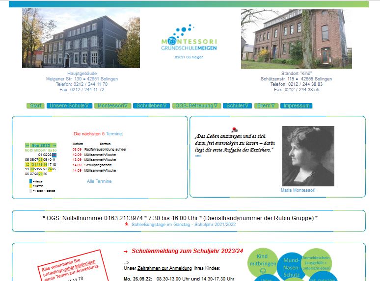 Screenshot der Website der Grundschule Meigen